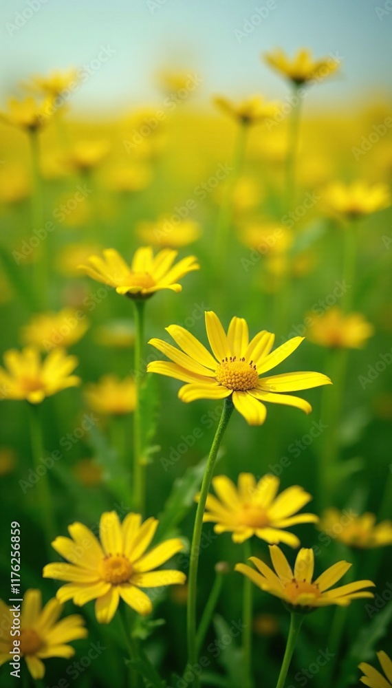 Obraz premium Field of yellow daisies swaying in the breeze, greenery, wheat