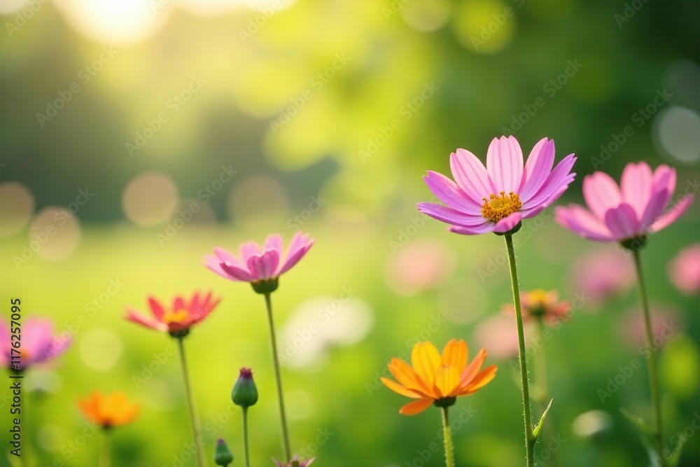 Fototapeta premium Softly swaying wildflowers in a gentle breeze, sunlight, peaceful