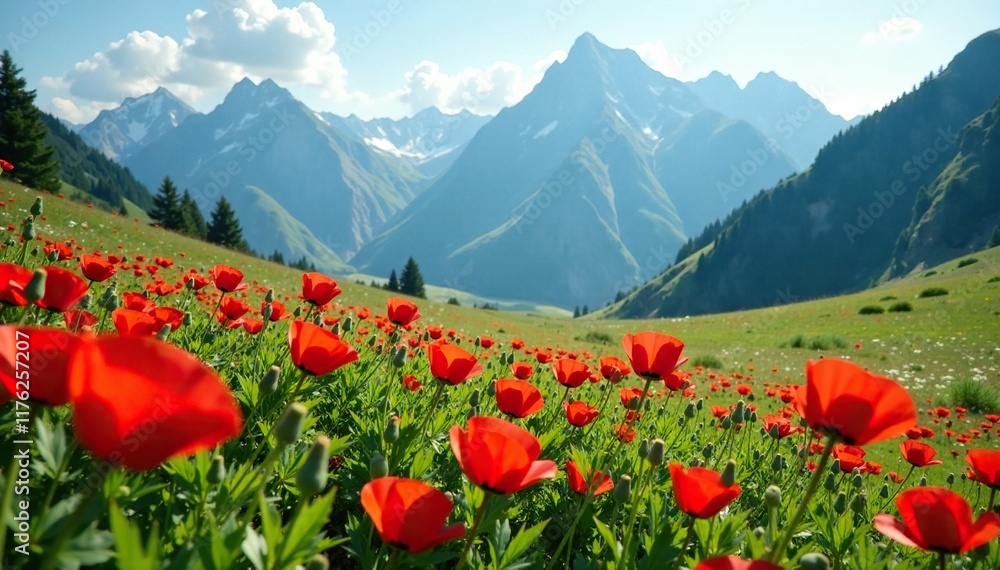 A tranquil mountain meadow filled with blossoming poppies, flower, mountain A tranquil mountain meadow filled with blossoming poppies, flower, mountain