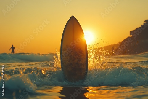 Surfboard emerges from ocean waves at sunset. Ideal for travel, summer, and surfing websites or blogs. photo