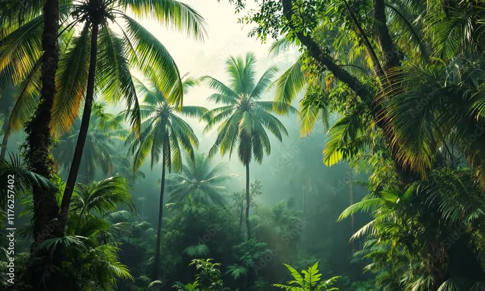 Lush tropical rain forest with tall palm trees, dense foliage, and misty atmosphere Lush tropical rain forest with tall palm trees, dense foliage, and misty atmosphere