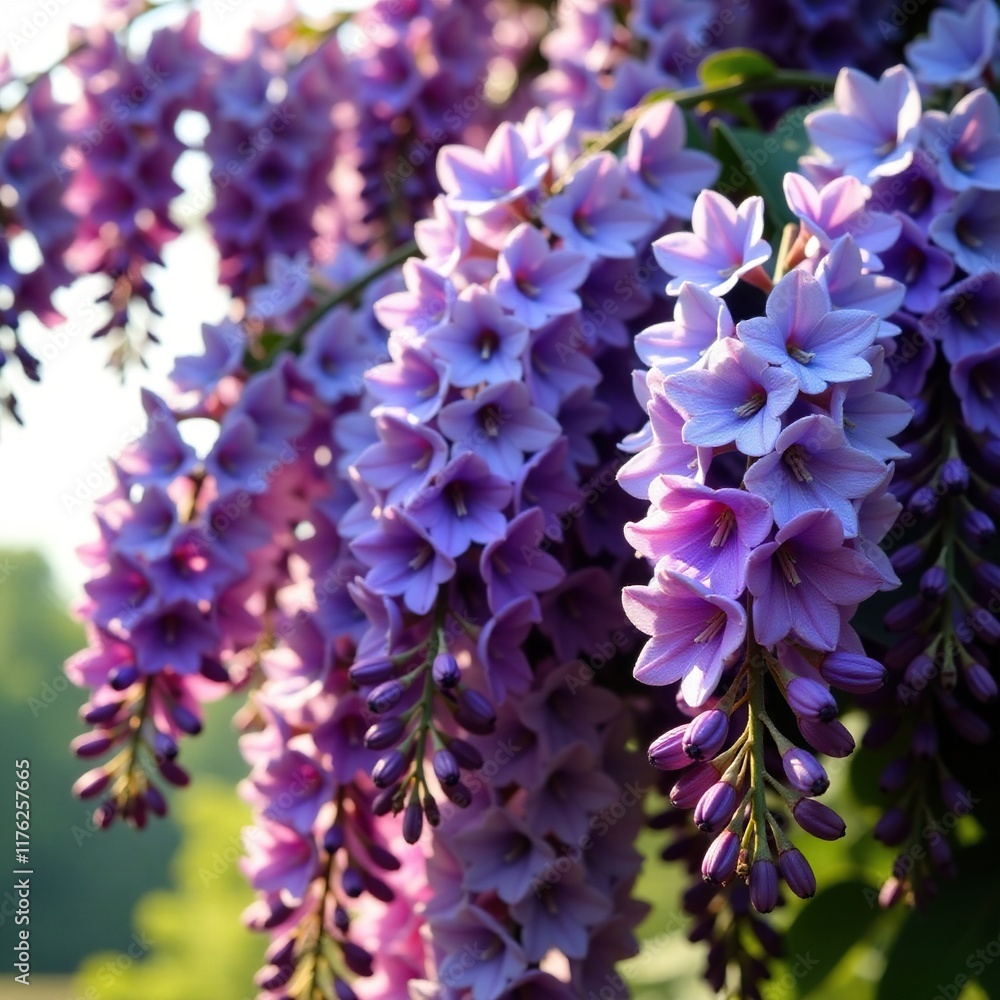 Dense purple flowers wrapping around fir tree branches, trees, wisteria Dense purple flowers wrapping around fir tree branches, trees, wisteria