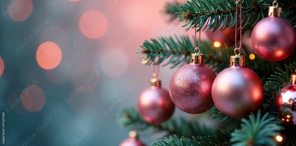 Pink Christmas tree ornaments hanging from branches, holiday decor, christmas tree decoration, xmas decorations Pink Christmas tree ornaments hanging from branches, holiday decor, christmas tree decoration, xmas decorations
