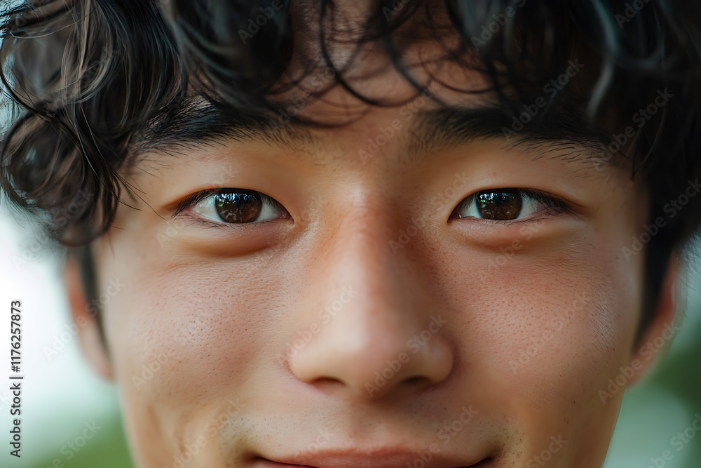 Portrait of a smiling young asian man with curly hair, expressing happiness and confidence Portrait of a smiling young asian man with curly hair, expressing happiness and confidence