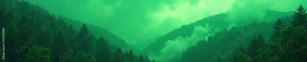 Fototapeta premium Ancient green smoke rises high into the foggy forest, , dark