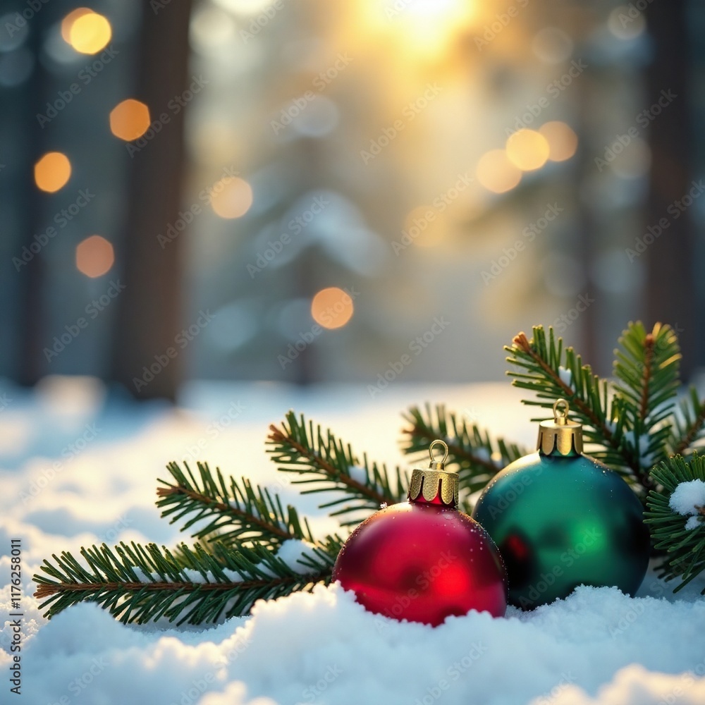 Obraz premium Winter scene with Christmas balls and fir branches in golden bokeh light, festive, bokeh