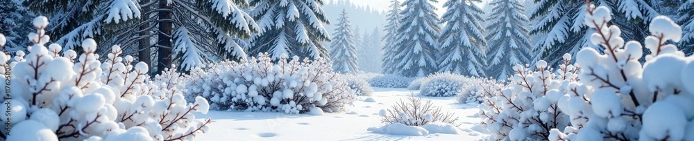 Fototapeta premium Dense thorny bushes under blanket of fresh snow, forest, shrubbery