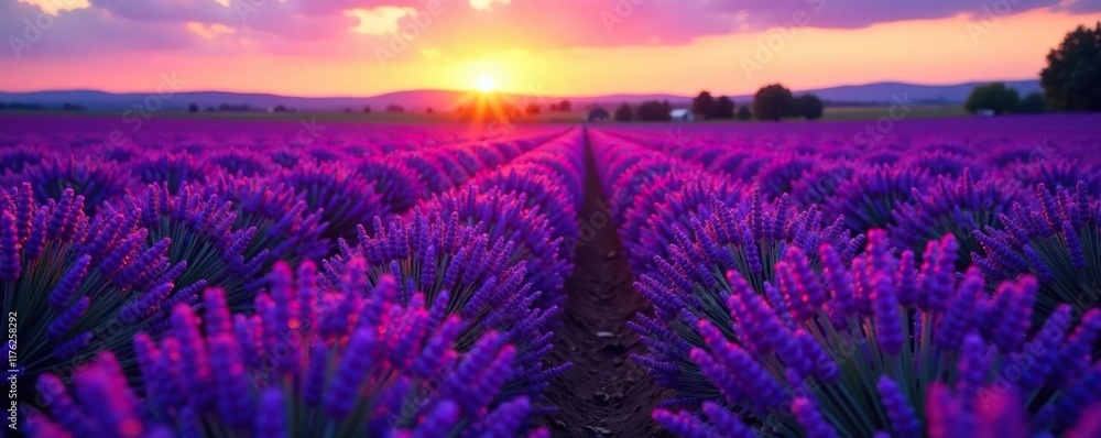 Fototapeta premium Lavender blooms sprawl across a velvety purple field as the sun dips below horizon softly illuminating the scene, purple field, , lavender