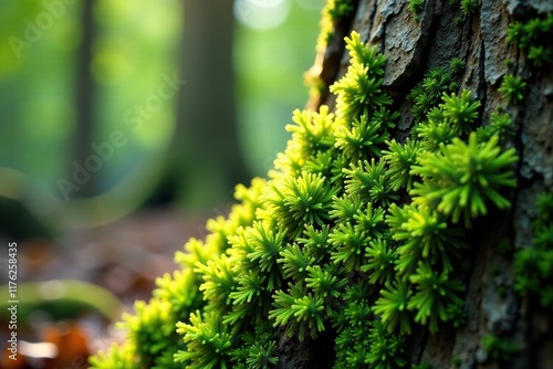 Velvety moss with ferruginous threads on a tree trunk, ferrugineous, texture photo