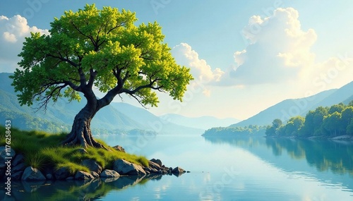 Waterpainted tree against the tranquil river background, river, tree photo