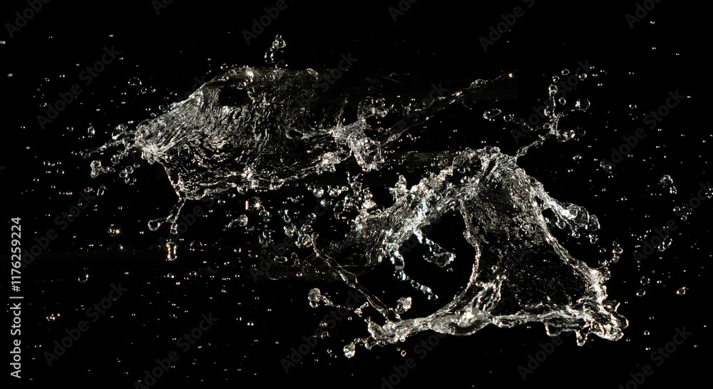 Fototapeta premium Crown water to object make curve drop explosion in ripple motion. Black background isolated. Crown Water splash on object to create shape form fluttering in droplet and wave.