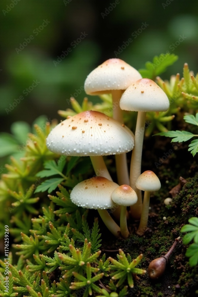 Fototapeta premium A patch of white mushrooms growing among ferns and moss, natural, mushrooms, brown