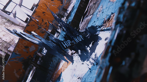 Abstract Hip-Hop urban art, grunge texture, paint splatter, torn poster, blue and orange tones, street art, graffiti. photo