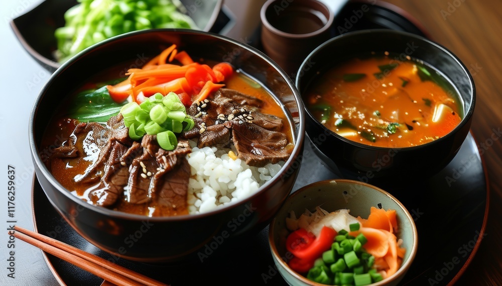 Delicious Donburi Bowl with Beef, Vegetables, and Accompaniments on Elegant Table Setting Delicious Donburi Bowl with Beef, Vegetables, and Accompaniments on Elegant Table Setting