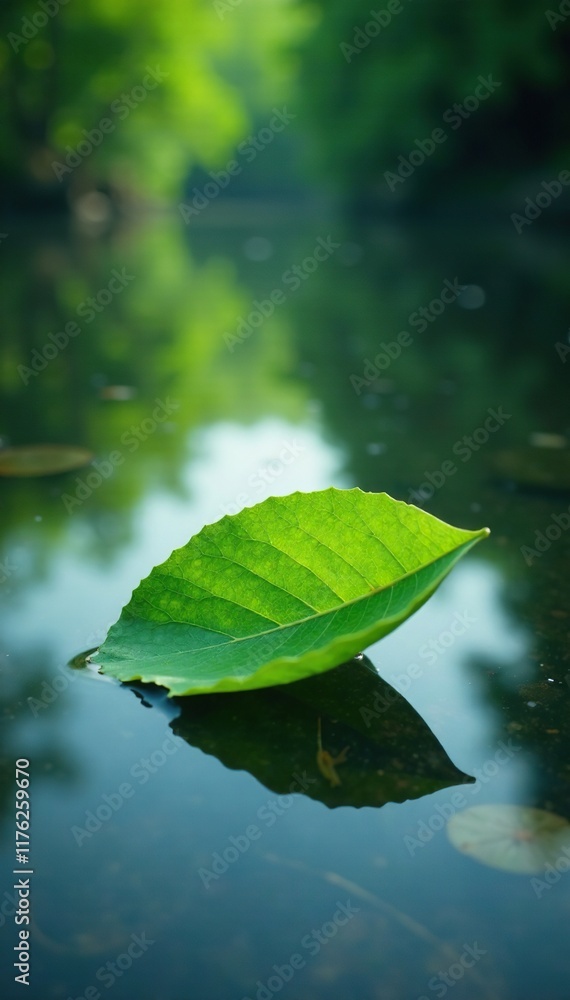 A single green leaf drifting in the water of a calm river, nature, river, serene A single green leaf drifting in the water of a calm river, nature, river, serene