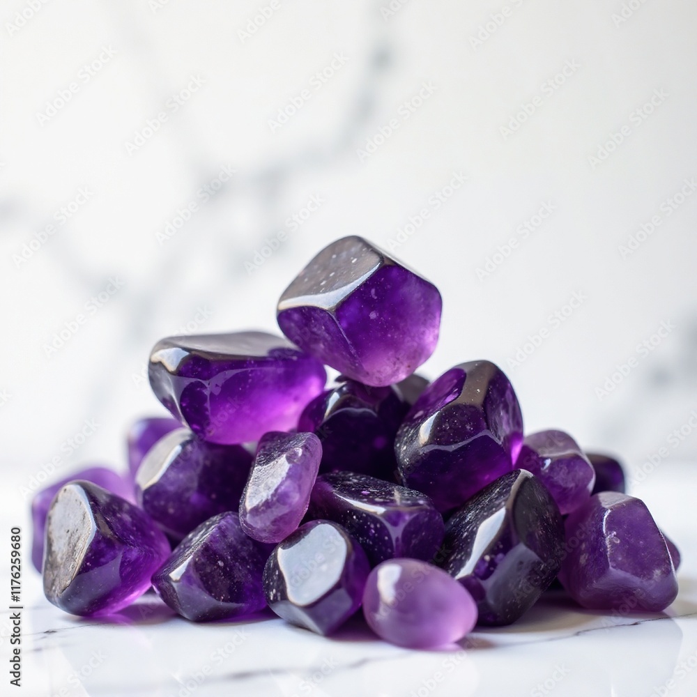 Deep purple amethyst stones piled high against a white marble background, decorative, purple Deep purple amethyst stones piled high against a white marble background, decorative, purple