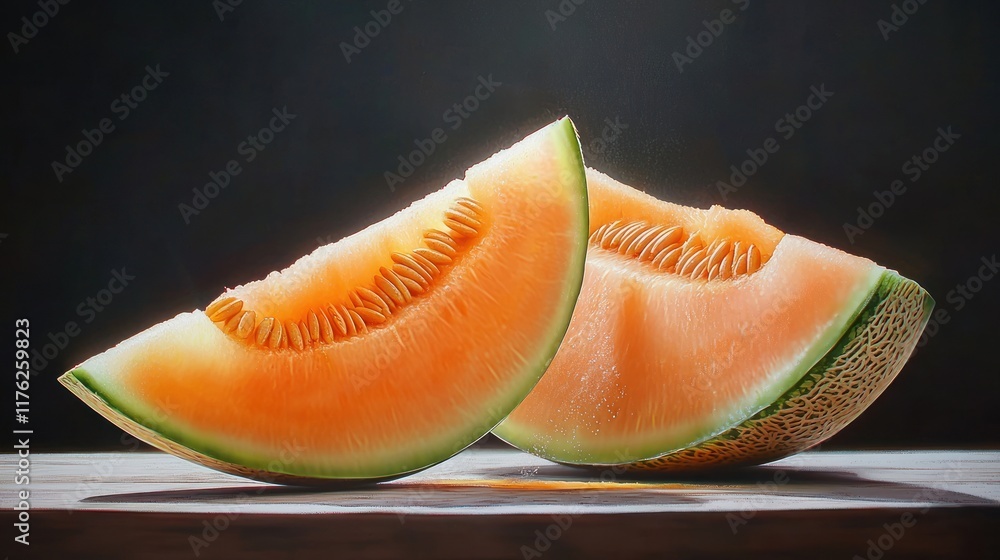 Two slices of cantaloupe on a wooden surface with a dark background. Two slices of cantaloupe on a wooden surface with a dark background.