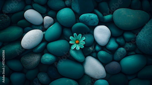 Serene teal stones and a single delicate flower create a calming, minimalist nature scene. Perfect for meditation, spa, or wellness themes. photo