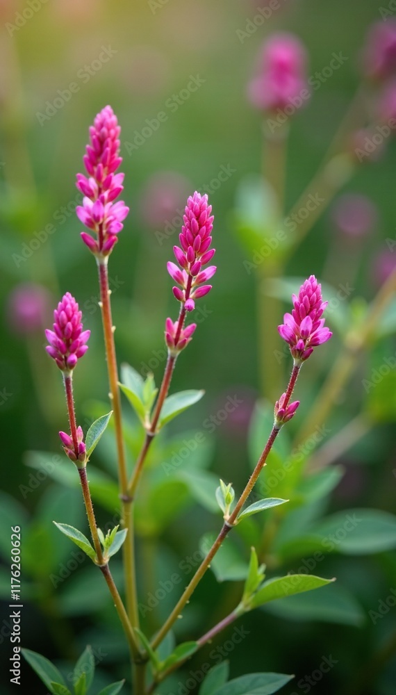 Delicate heather stems with tiny pink flowers and lush foliage, plant, nature Delicate heather stems with tiny pink flowers and lush foliage, plant, nature