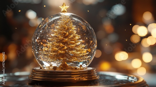 Magnificent snow globe featuring a glittering Christmas tree adorned with golden details, glowing softly on a refined surface. photo