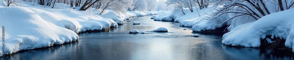 Softly falling snowflakes blanket a serene stream, calm, frozen Softly falling snowflakes blanket a serene stream, calm, frozen