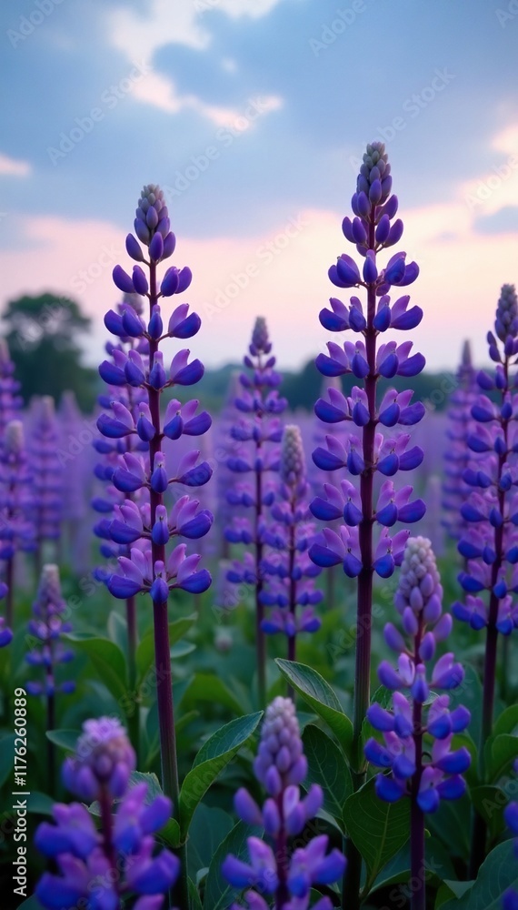 Naklejka premium A sea of purple lupines in full bloom against a fading blue sky, lupine flowers, wildflower meadow, nature