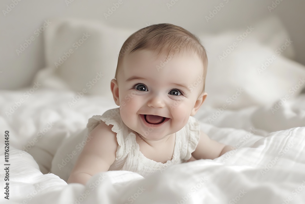 Adorable baby laughing and having fun while lying on a soft, comfortable white bed, capturing a moment of pure joy and happiness Adorable baby laughing and having fun while lying on a soft, comfortable white bed, capturing a moment of pure joy and happiness