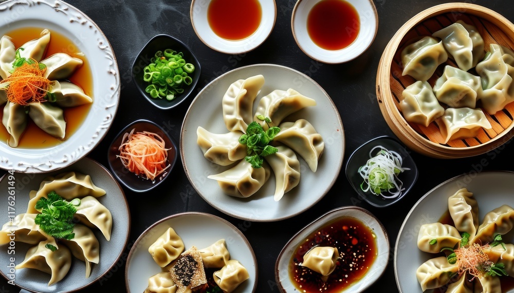 Assorted Dumplings and Dipping Sauces Displayed on Elegant Plates and Bowls
