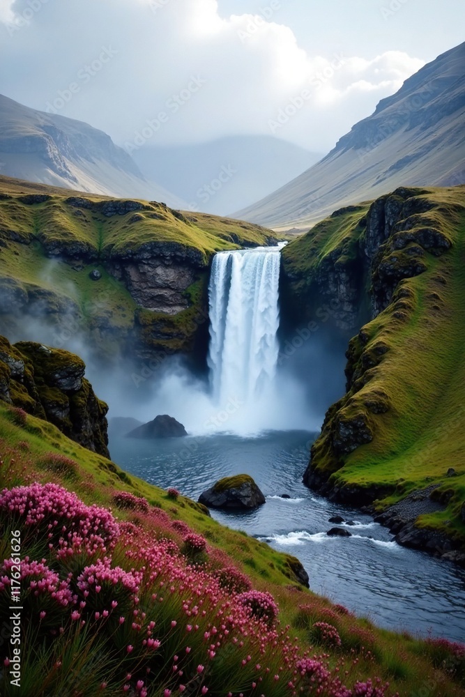 Misty waterfall in Scottish Highlands with rugged hills and heather, moorland, nature, wildflowers Misty waterfall in Scottish Highlands with rugged hills and heather, moorland, nature, wildflowers