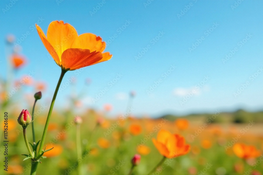 Orange flower blooms on a tall nemophila stem against a blue sky, flowersfield, sky, orange Orange flower blooms on a tall nemophila stem against a blue sky, flowersfield, sky, orange