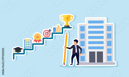 A businessman holding a pencil near an office building after creating educational steps leading to champion, illustration of step-by-step career growth as an entrepreneur