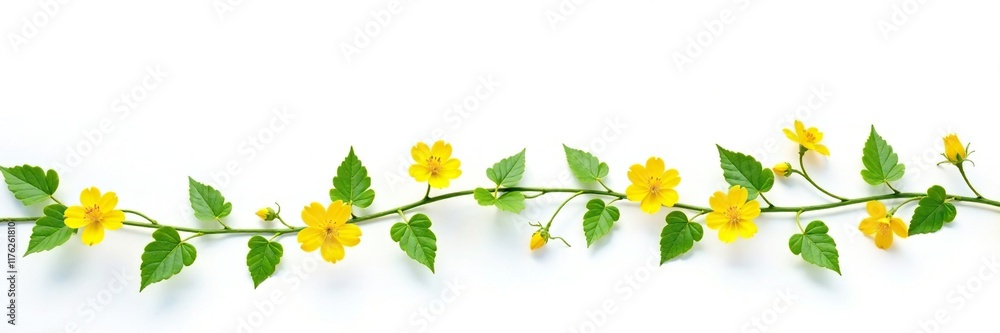 Obraz premium Winding vines with small yellow flowers on a white background, plant, isolated