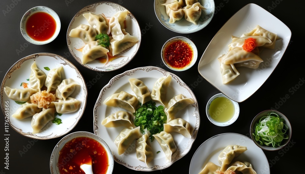 Assorted Dumplings and Sauces for Dim Sum Feast Served on Elegant Plates Assorted Dumplings and Sauces for Dim Sum Feast Served on Elegant Plates