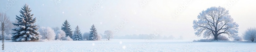 Fototapeta premium Frosty morning landscape with snow-covered trees and a white paper texture background, snow, cold
