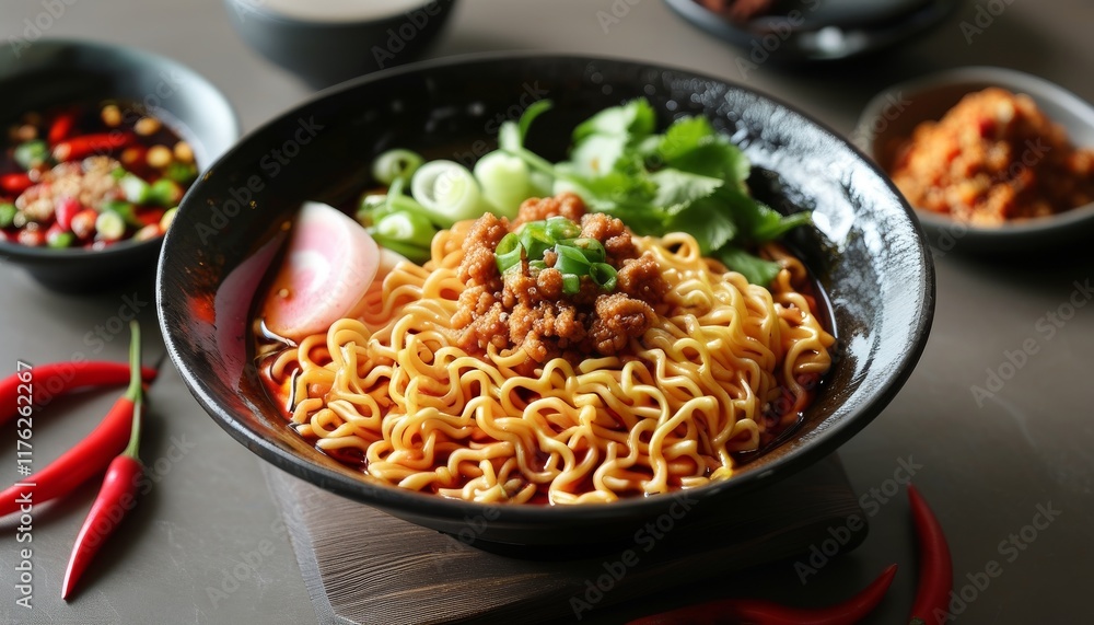 Spicy Dandan Noodles Served in a Black Bowl with Fresh Ingredients and Red Chili Peppers Spicy Dandan Noodles Served in a Black Bowl with Fresh Ingredients and Red Chili Peppers