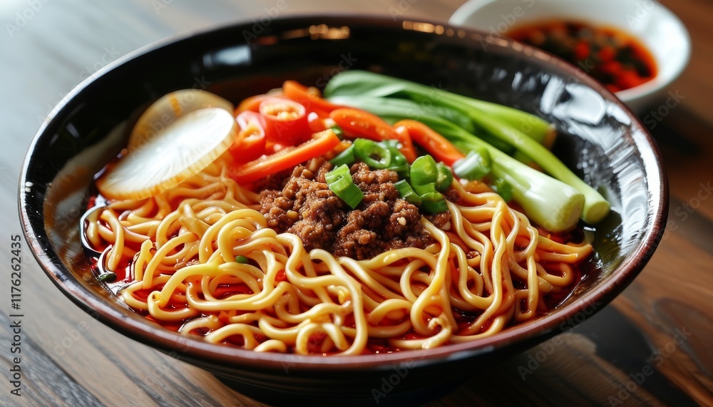Spicy Dandan Noodles with Fresh Vegetables and Meat Garnish in Bowl Spicy Dandan Noodles with Fresh Vegetables and Meat Garnish in Bowl