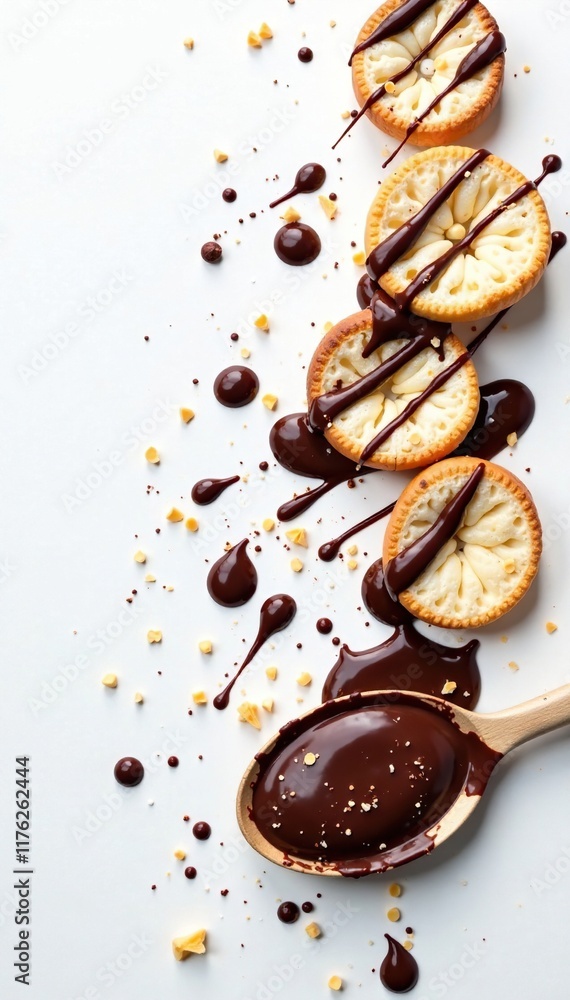Fototapeta premium Chocolatey goodness splattered on a clean white surface, chocolate drizzle, breakfast treat