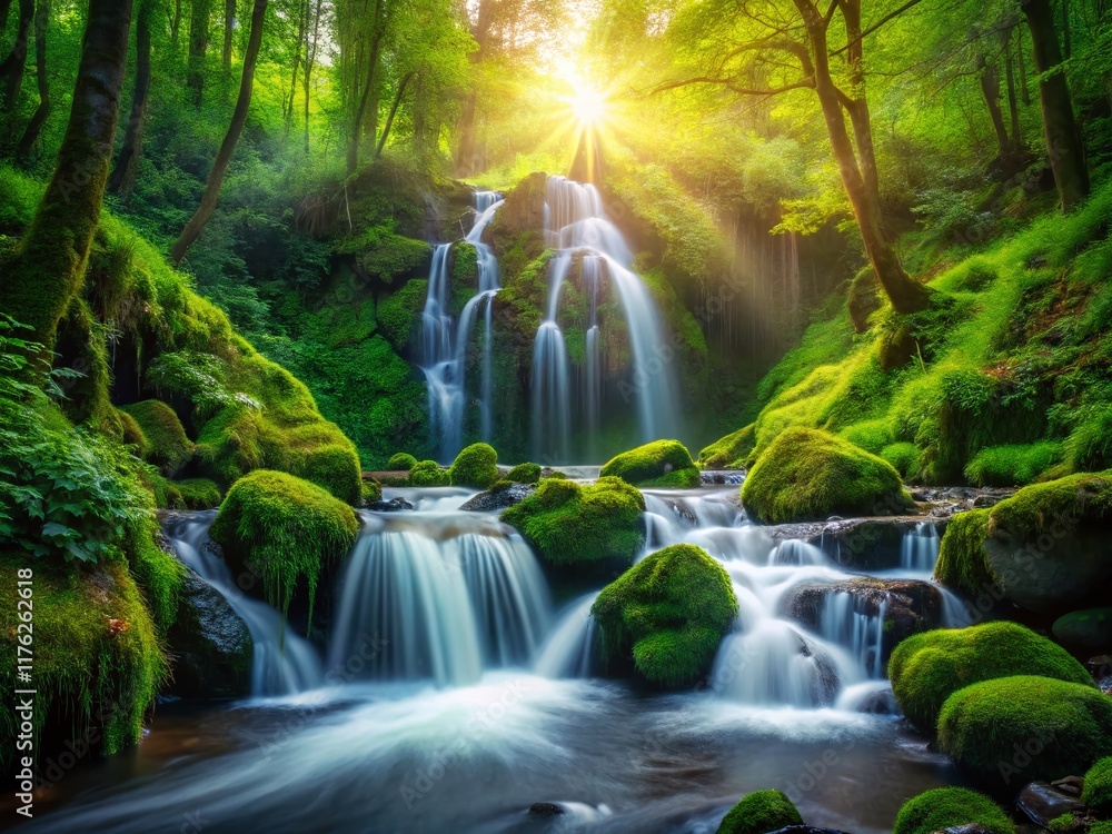 Fototapeta premium Magical Forest Waterfall with Bokeh, Lush Greenery, Misty Scene, Nature Photography