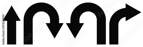 Go Straight This Way One Way Only U Turn Left and Right Blue and White Arrow Round Circle Traffic Sign Direction Icon Set. Right U-turn ahead traffic sign road. Arrows Showing Road Traffic. 