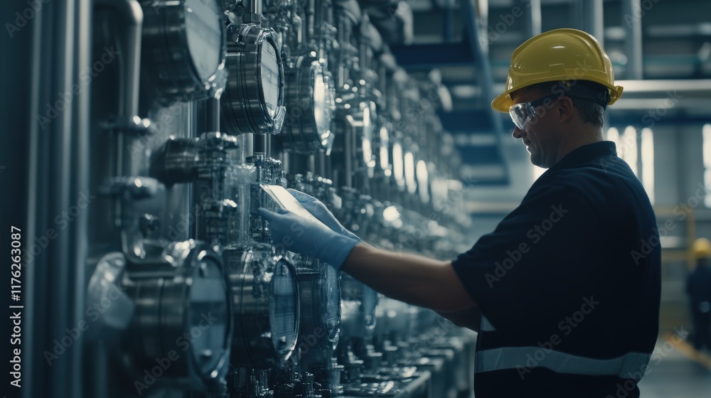 Industrial Worker Monitoring Equipment in a Modern Manufacturing Facility with Yellow Hard Hat and Protective Gear, Focused on Control Panel and Machinery Operations Industrial Worker Monitoring Equipment in a Modern Manufacturing Facility with Yellow Hard Hat and Protective Gear, Focused on Control Panel and Machinery Operations