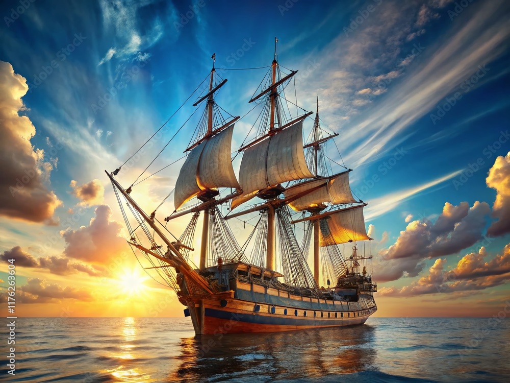 Majestic Ancient Frigate at Sea: Sunny Day, Low Sails, High Detail Majestic Ancient Frigate at Sea: Sunny Day, Low Sails, High Detail