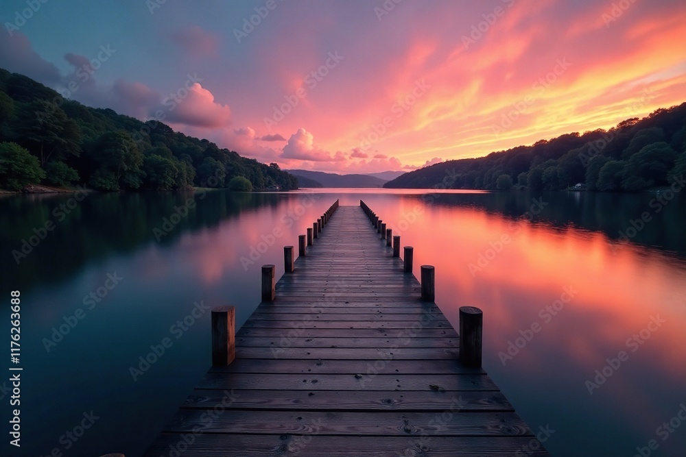 A wooden walkway descends into a tranquil lake at dusk, reflection, scenery, serene A wooden walkway descends into a tranquil lake at dusk, reflection, scenery, serene