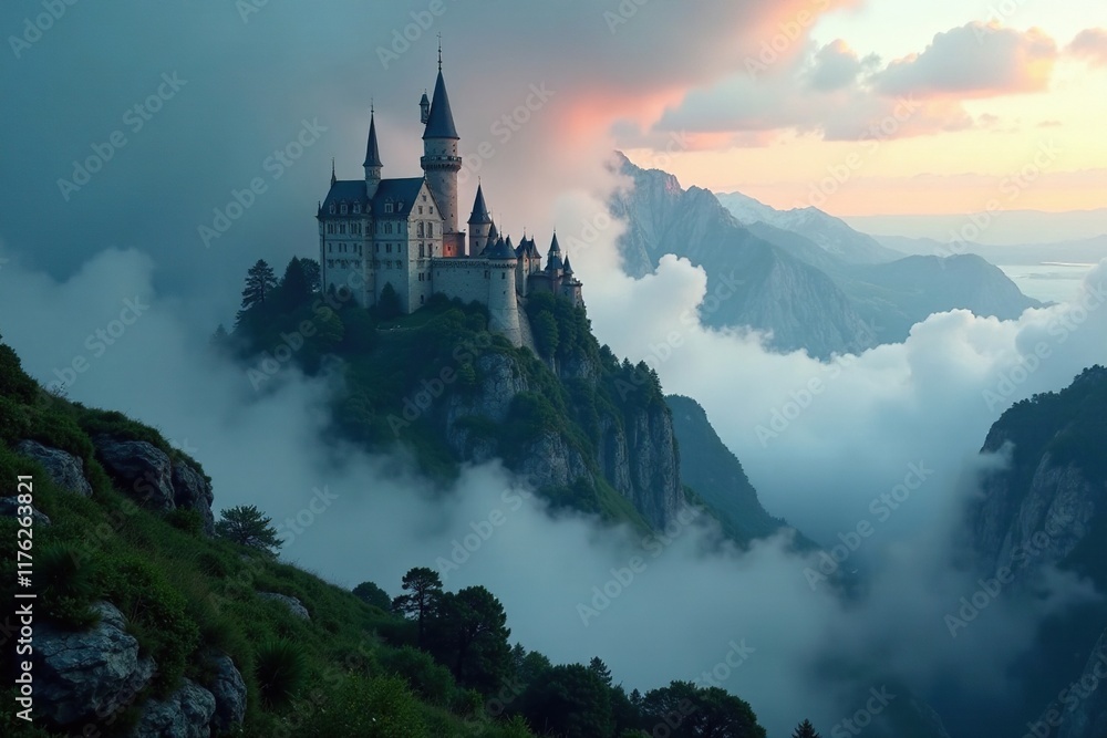 Clouds shroud the castle's peak, as if nature itself was trying to conceal its secrets, darkness, darkness Clouds shroud the castle's peak, as if nature itself was trying to conceal its secrets, darkness, darkness