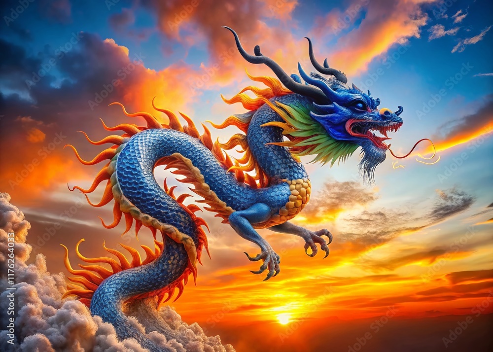 Obraz premium Majestic Blue and Orange Dragon Soaring Through the Sky - Chinese Mythology Art
