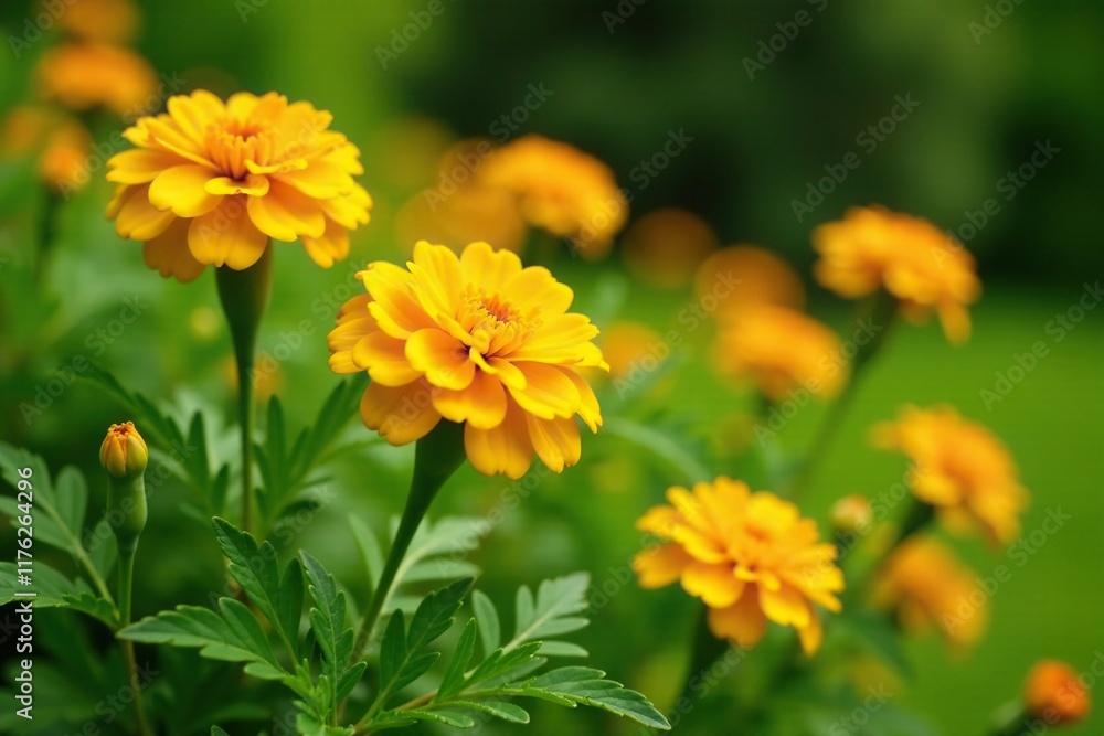 Bright yellow marigold flowers blooming in a garden, color, greenery Bright yellow marigold flowers blooming in a garden, color, greenery