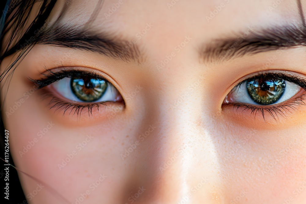 Fototapeta premium Macro close-up of captivating green eyes belonging to a young asian woman, highlighting her natural beauty and expressive gaze