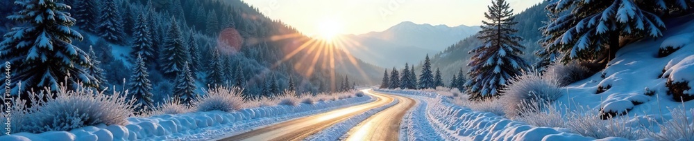 Frosty morning on a mountainous road with dense evergreen trees, morning, winter Frosty morning on a mountainous road with dense evergreen trees, morning, winter