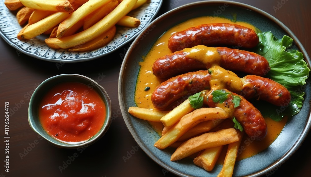 Delicious Currywurst with Sliced Potatoes and Spicy Sauce on a Plate Delicious Currywurst with Sliced Potatoes and Spicy Sauce on a Plate