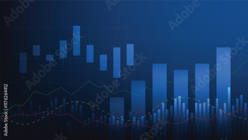 business finance background. bar graph and candlesticks chart with indicator lines on blue background