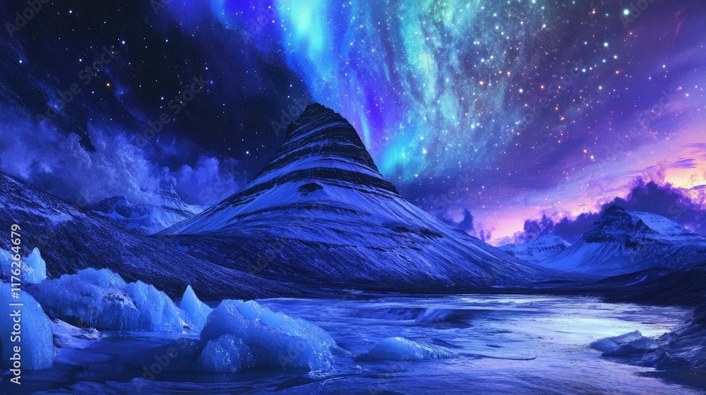 Vibrant northern lights illuminate Kirkjufell Mountain and surrounding icy landscape under a starry sky. Vibrant northern lights illuminate Kirkjufell Mountain and surrounding icy landscape under a starry sky.